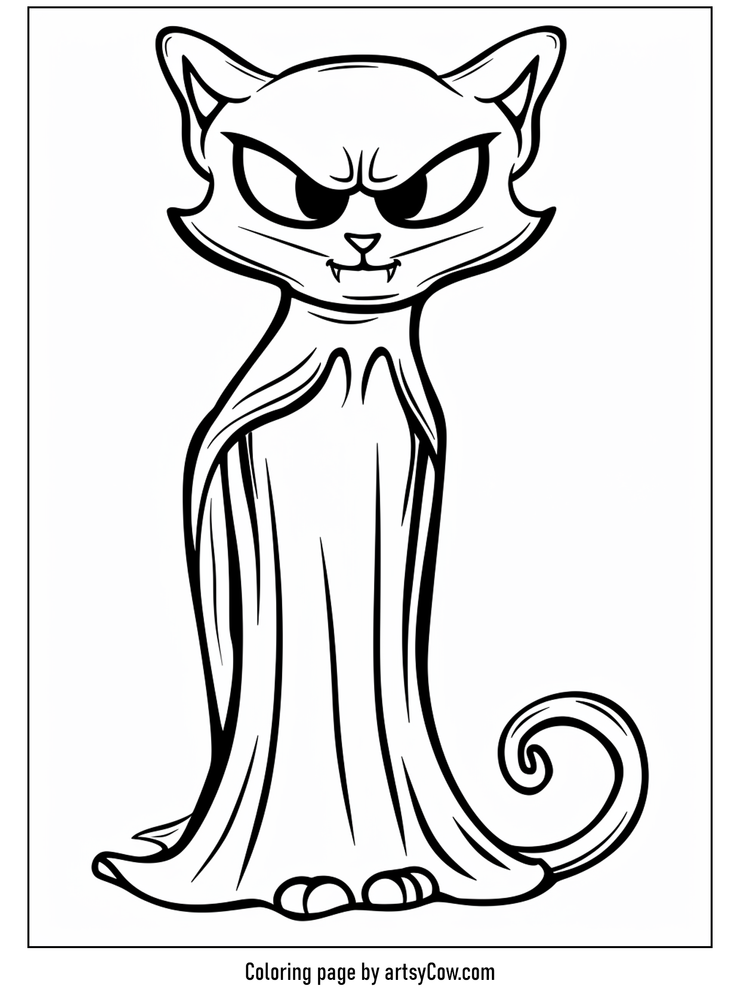scary halloween coloring pages featuring a cartoon-style cat with a ghostly demeanor, making it perfect for a Halloween-themed activity
